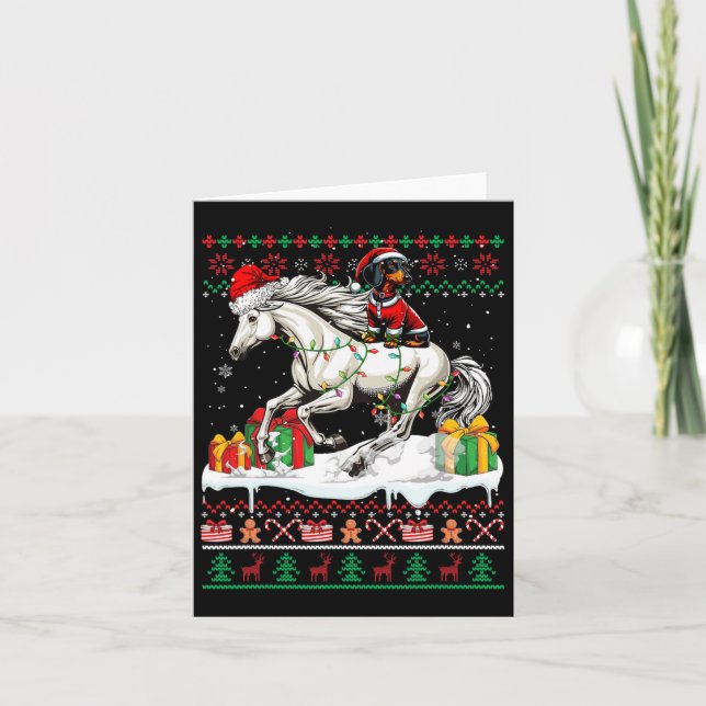Cartão Papais noeis Dachshund Riding Horse Christmas Swea (Frente)