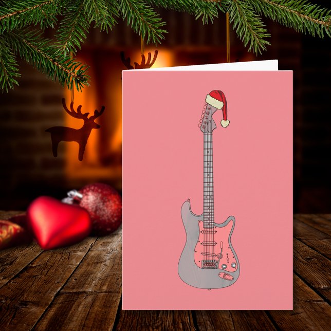 Cartão Papais noeis de Violão Elétrico legal Rosa (Cool pink and gray christmas guitar stylish minimalist holiday greetings card)