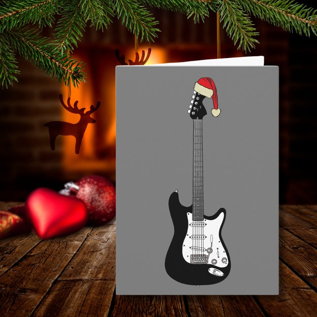 Cartão Papais noeis de Violão legal (Cool black and white christmas guitar stylish modern music themed holiday card)