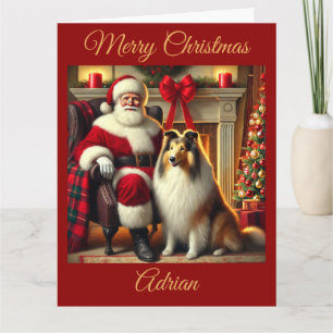 Cartão Papais noeis e Collie na Cena de Natal Festiva