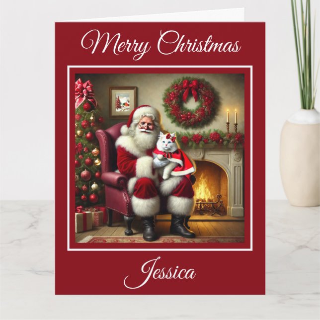 Cartão Papais noeis e Gato Branco Bonito (Frente)