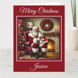 Cartão Papais noeis e Gato Branco Bonito