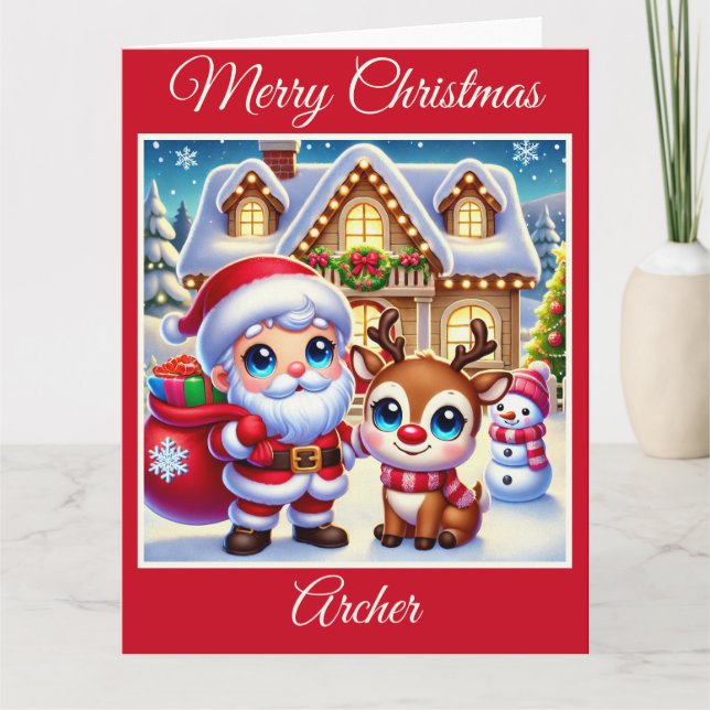 Cartão Papais noeis e Rudolph, Rena Nosada Vermelha (Frente)