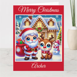 Cartão Papais noeis e Rudolph, Rena Nosada Vermelha