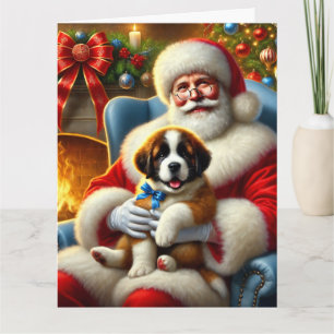 Cartão Papais noeis e Santo Bernard Puppy com Arco Azul