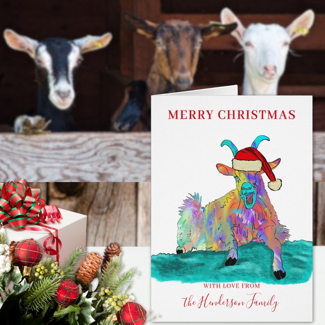 Cartão Papais noeis engraçados de cabra de Natal personal (Funny Christmas screaming goat wearing a santa hat custom holiday greetings folded card colorful )