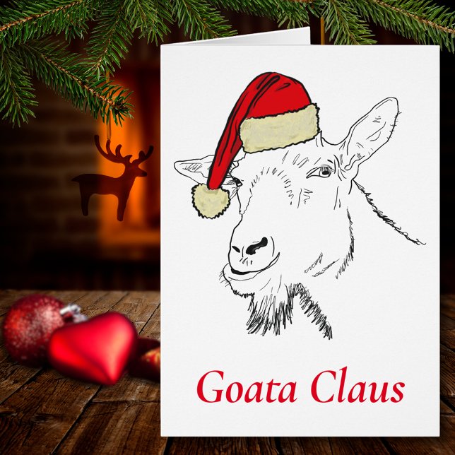 Cartão Papais noeis Engraçados Slogan e Desenho (Christmas goat wearing a Santa hat funny Goata Claus farm animal line art holiday greetings card)