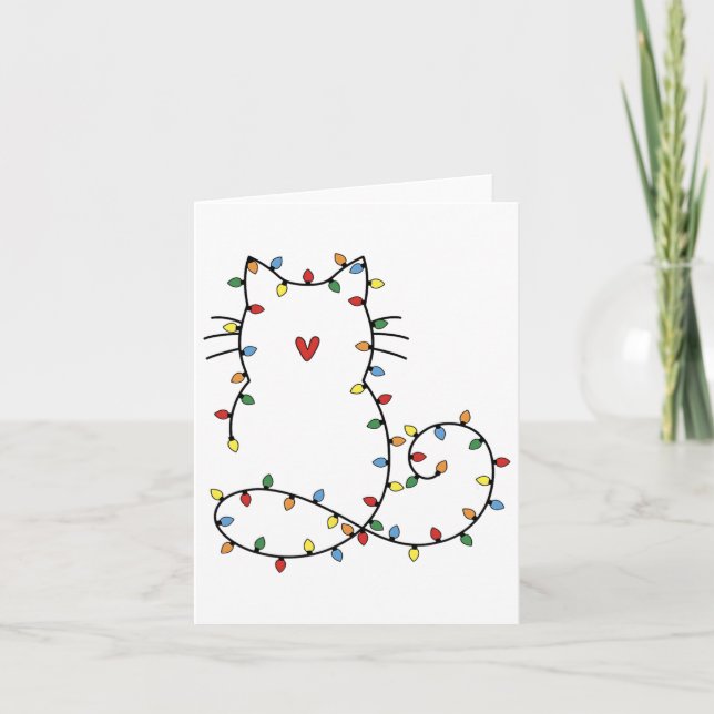 Cartão Papais noeis Gato Arranjado Em Luzes De Árvore De  (Frente)