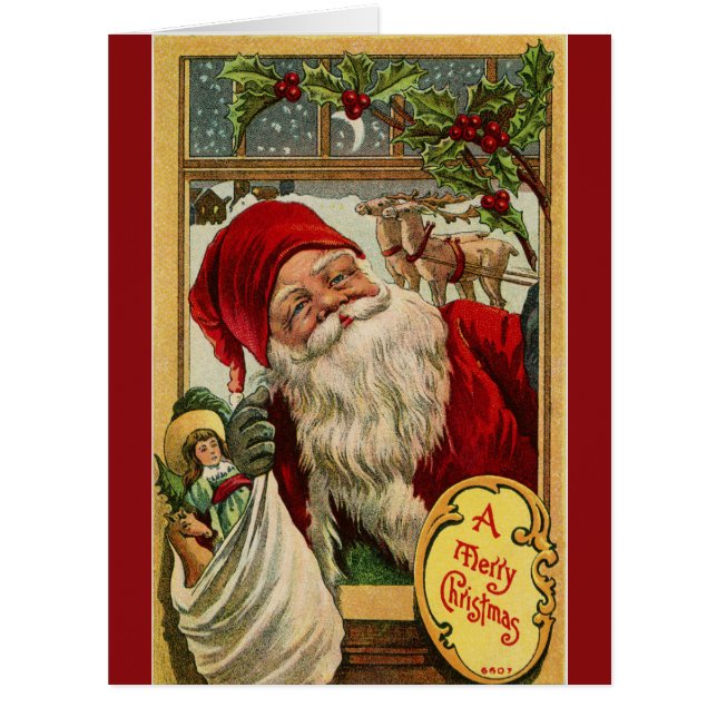 Cartão Papais noeis na janela com placa de saudação grand (Frente)