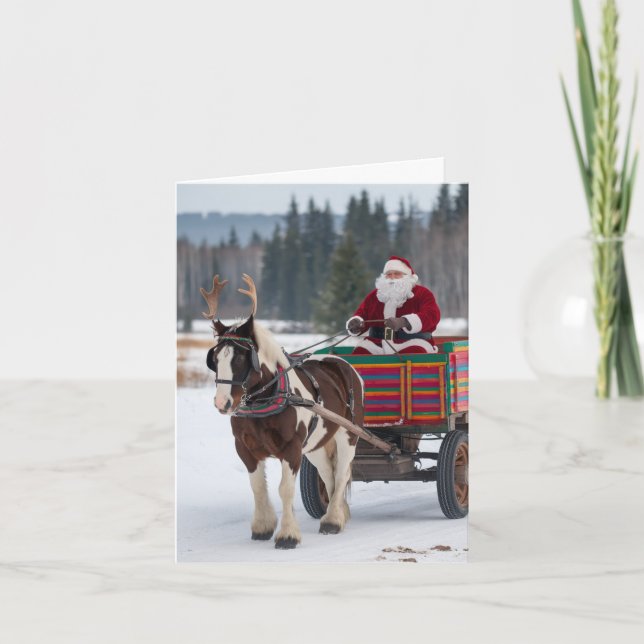 Cartão Papais noeis Pinto Rascunho Cavalo Barris Carro Co (Frente)