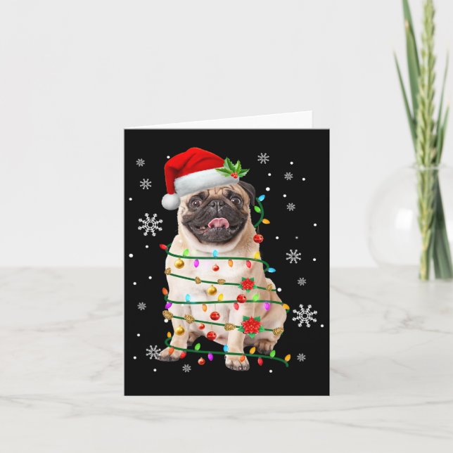 Cartão Papais noeis Pug Natal Luzes Xmas Cachorros Macaco (Frente)
