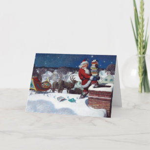 Cartão Papais noeis que entregam uma carga de livros pela