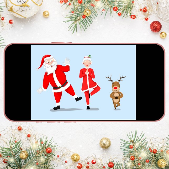 Cartão Papais noeis Tentando Fazer Ioga Com A Sra. Claus  (Santa working on doing the tree pose!)