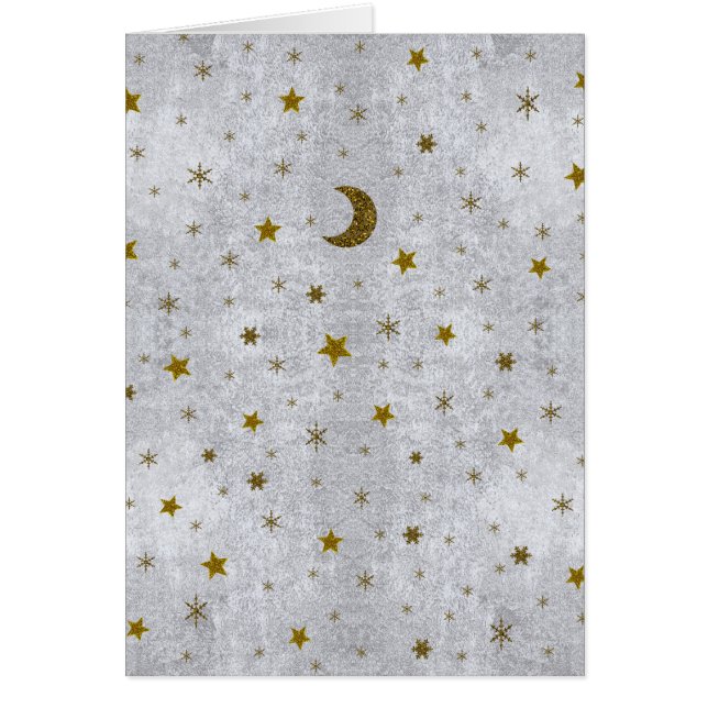 Cartão Papel abstrato prateado com estrelas douradas, lua (Frente)