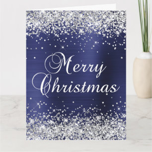 Cartão Papel Prateado Glitter Azul Naval Grande Feliz Nat