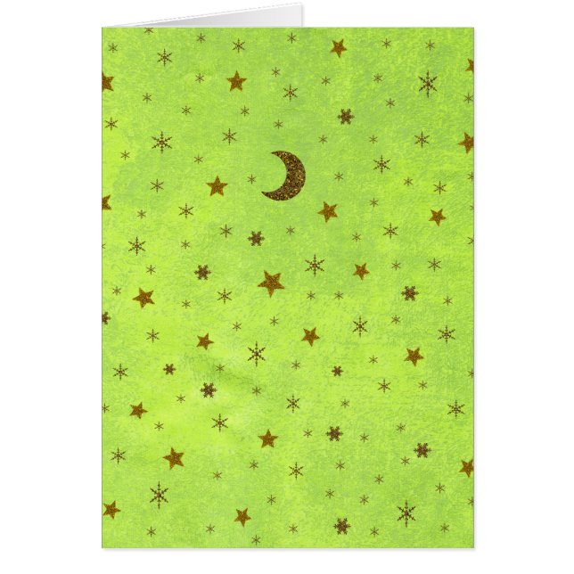 Cartão Papel verde abstrato com estrelas douradas, lua (Frente)