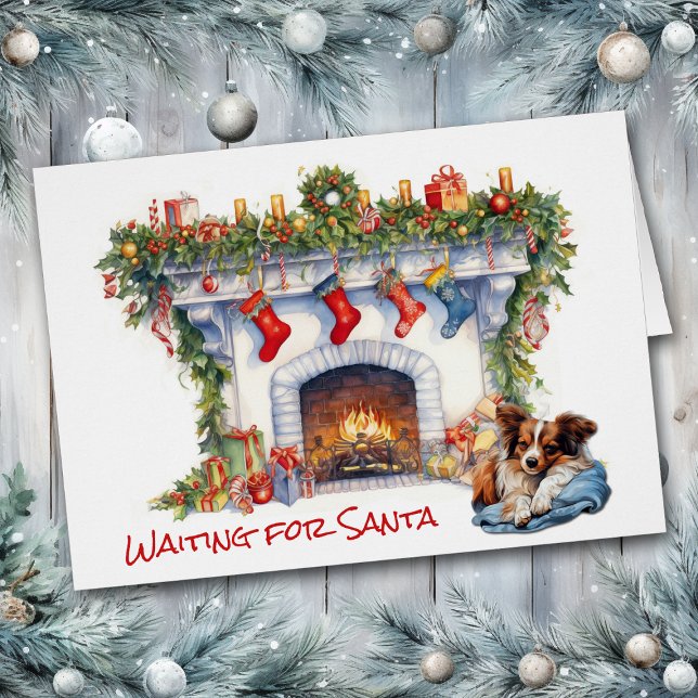 Cartão Papillon Dog Espera por Papais noeis Lareiras de N (Criador carregado)