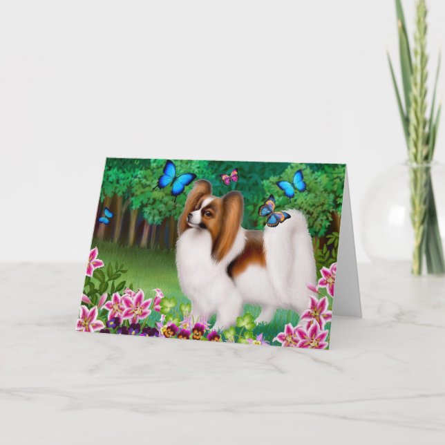 Cartão Papillon Dog in Garden Greeting Card (Frente)