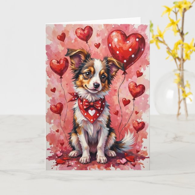 Cartão Papillon Valentine’s Day Dog with Hearts Red (Flor Amarela)
