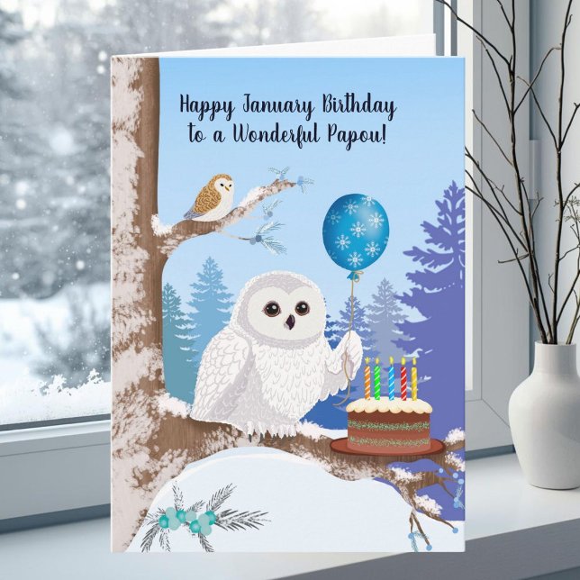 Cartão Papou Happy January Birthday Snowy Owl (Criador carregado)