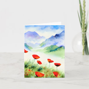Cartão Papoulas em aquarela e montanha personalizáveis