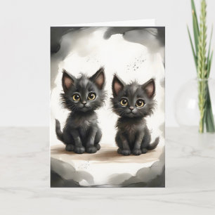 Cartão Par Adorável de Gatinhas Pretas Retrato em Branco