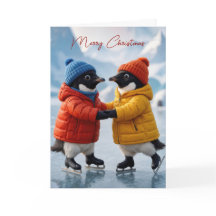 Par de Pinguins no Natal Patinando no Gelo
