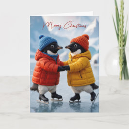 Cartão Par de Pinguins no Natal Patinando no Gelo