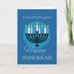 Cartão Para a filha Hanukkah Menorah no azul escuro<br><div class="desc">Esta é uma bela carta que você pode surpreender uma filha maravilhosa com quando as férias de Hanukkah finalmente chegarem. A dentro compartilhou uma das mensagens mais sinceras para ela enquanto o exterior apresenta uma Menorah.</div>