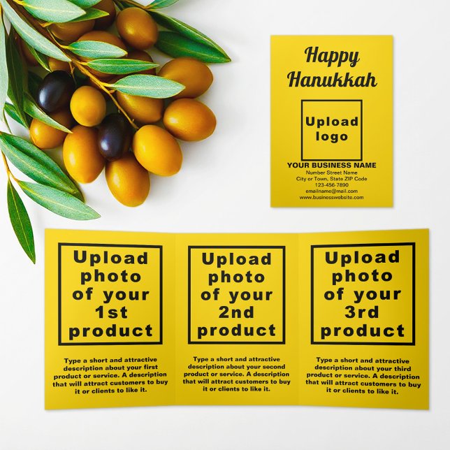Cartão para datilografo amarelo Hanukkah comercial (Hanukkah greeting, business brand and products on yellow trifold card)