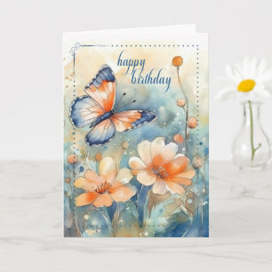 Cartão para Ela Borboleta e Flores Pêssego Azul Aniversár