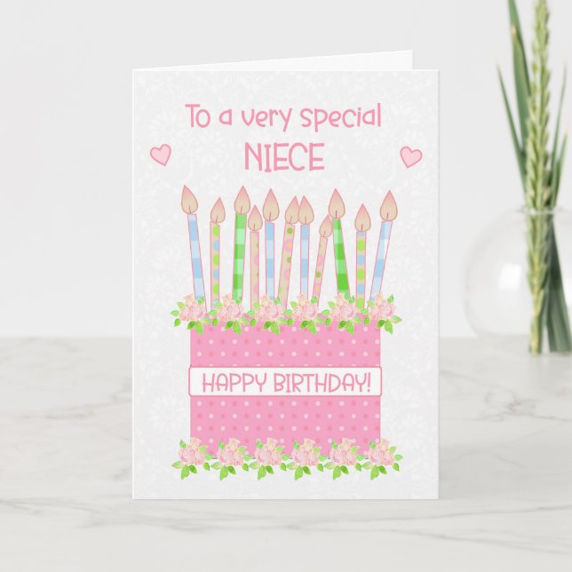 Cartão Para Niece Birthday Cake Hearts and Rosa Card (Frente)