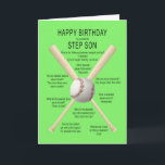 Cartão Para o padrasto, piadas de beisebol de aniversário<br><div class="desc">Para um filho-da-mãe,  cartão de aniversário. Uma carta divertida mostrando beisebol e morcegos com muitas piadas de baseball muito ruins. Uma carta para o desportista com senso de humor. Veja toda a gama de idades e relacionamentos na minha loja.</div>