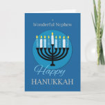 Cartão Para o Sobrinho Hanukkah Menorah no Azul Escuro<br><div class="desc">Surpreenda um sobrinho maravilhoso com este cartão azul escuro que lhe envia saudações e desejos de Hanukkah. Adorará,  sem dúvida,  a mensagem que esta carta lhe traz para esta celebração de férias. Solicite sua cópia deste cartão agora!</div>