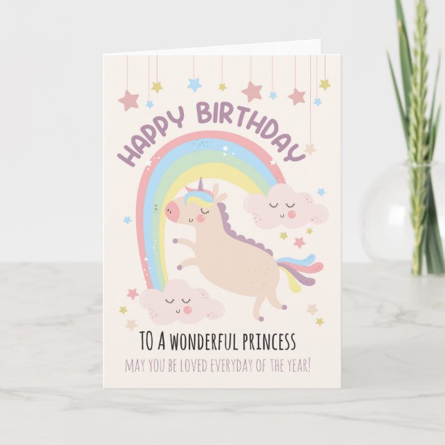 Cartão Para Rapariga Cute Rainbow e Unicorn Birthday Card (Frente)