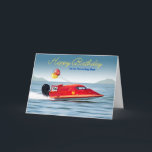 Cartão Para Son 56.o aniversário com barco de alto desemp<br><div class="desc">Cartão de saudação de 56 anos para um filho,  com foto de um barco de alta performance. Um lago,  montanhas e balões de aniversário com o número 56 escrito na lateral do barco. Arte,  imagem e direitos de autor versos © Shoaff Ballanger Studios,  2025.</div>