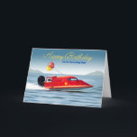 Cartão Para Son aniversário de 40 anos com barcos de alto<br><div class="desc">Cartão aniversário de 40 anos para um filho, com foto de um barco de alta performance. Um lago, montanhas e balões de aniversário com o número 40 escrito na lateral do barco. Altere o número no barco para corresponder ao ano de aniversário. Arte, imagem e direitos de autor versos ©...</div>