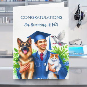 Cartão Parabéns ao Veterinário com Cachorros e Gato