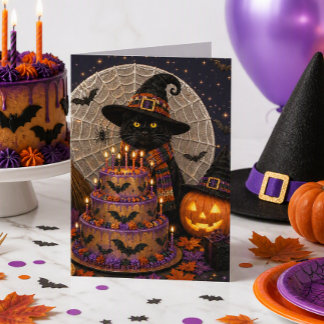 Cartão Parabéns Assustadores de Halloween Gato Preto