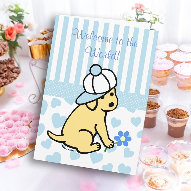 Cartão Parabéns Azul-Labrador-Novos Meninos Amarelos (Yellow Labrador Blue New Baby Congratulation Card for Labrador Owners.  Cute Dog Cartoon Design.)