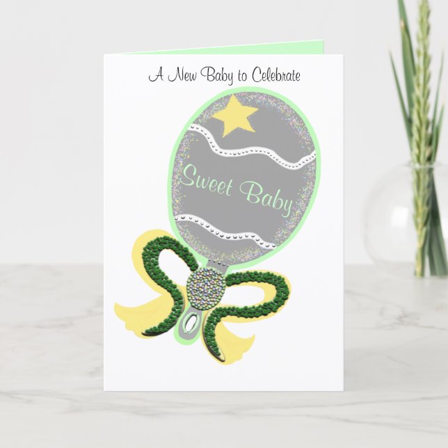 Cartão Parabéns Bebê Verde Amarelo Chocalho (Frente)