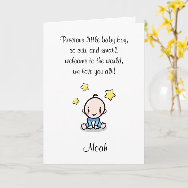 Cartão Parabéns Bebês com nome e texto do menino. (Flor Amarela)