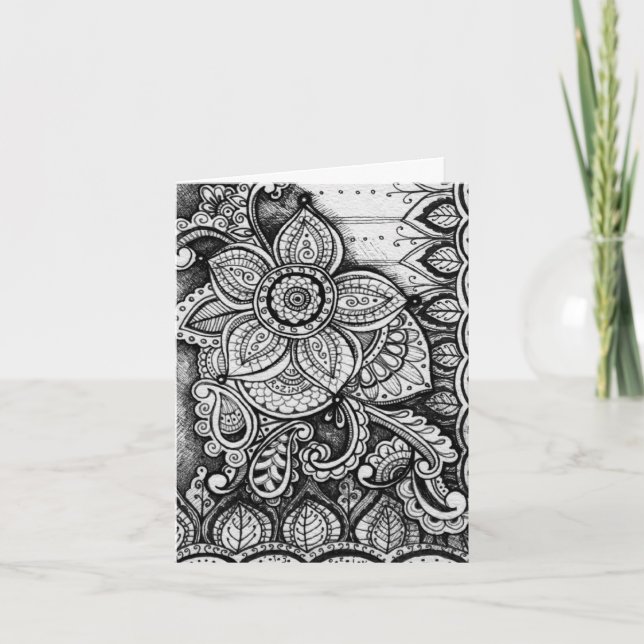 Cartão Parabéns Black White Damask Mandala Indiana (Frente)