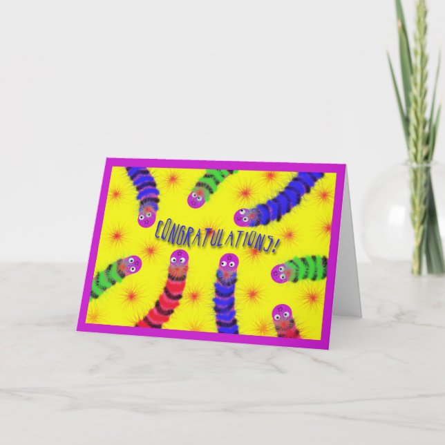 Cartão Parabéns Bonitos Novos Felpudos de Verme Bebês (Frente)