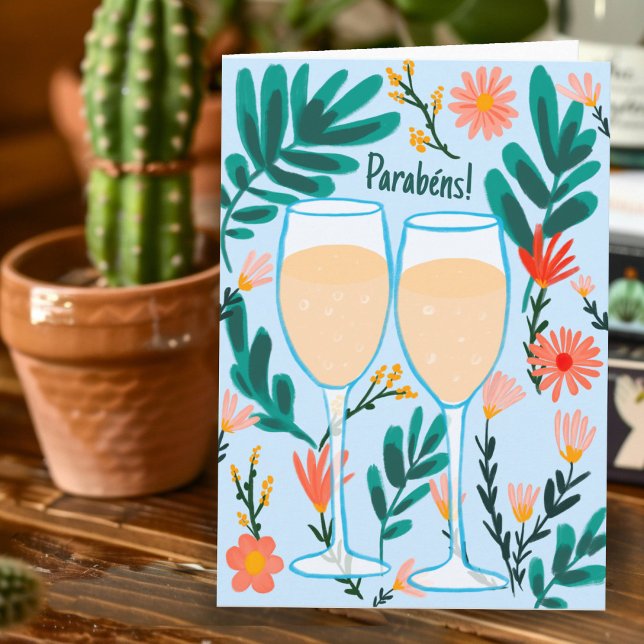 Cartão Parabens Champagne Casamentos Noivado (Parabens Sparkling Champagne Casamentos Noivado Card Cartão Parabéns de Noivado Champanhe Flores)