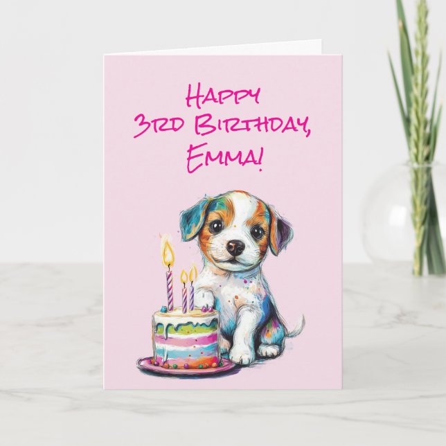 Cartão Parabéns de aniversário de 3 anos Feliz, Menina, (Frente)