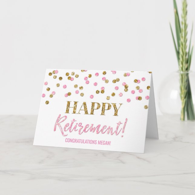 Cartão Parabéns de Reforma Felizes Pontos Dourados Rosa (Frente)