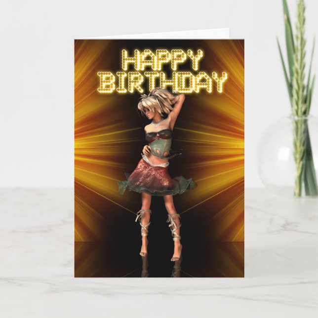 Cartão Parabéns Deva, aniversário feminino no palco (Frente)