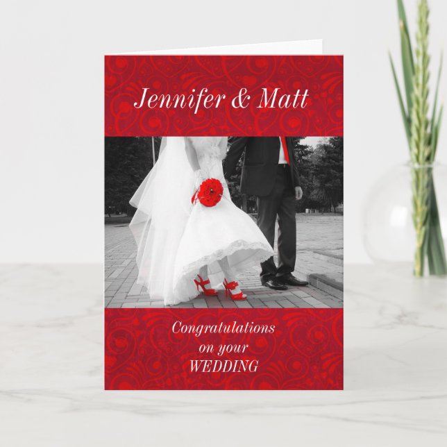 Cartão Parabéns Elegante Vermelho e Negro no Casamento (Frente)