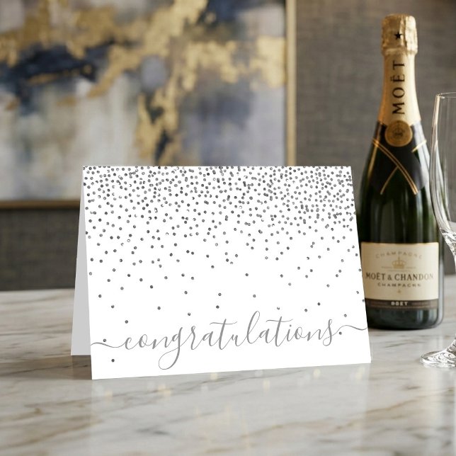 Cartão Parabéns em Glam Silver Confetti Script (Criador carregado)